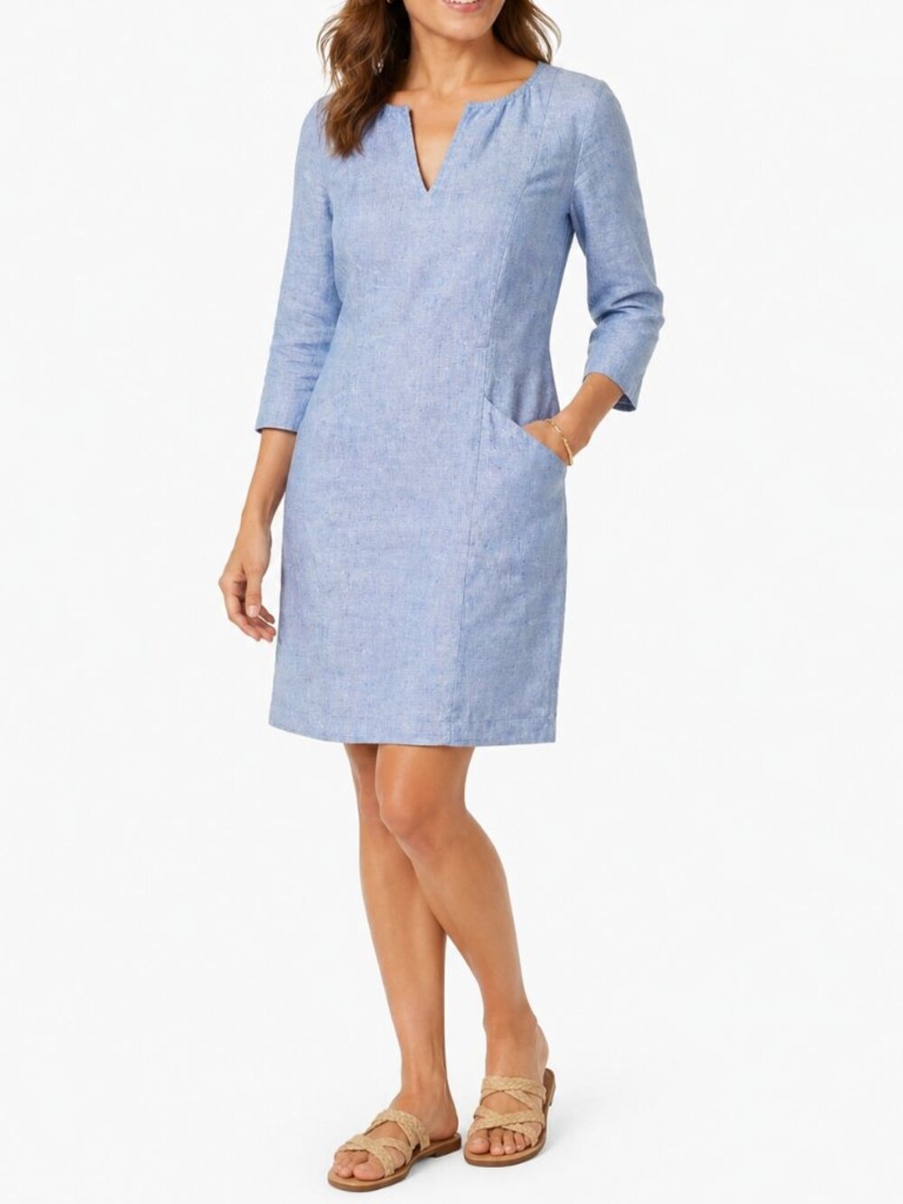 BODEN 100% Linen Chambray Sheath Dress Fitted V-Neck 3/4 Sleeve Blue Women's 14